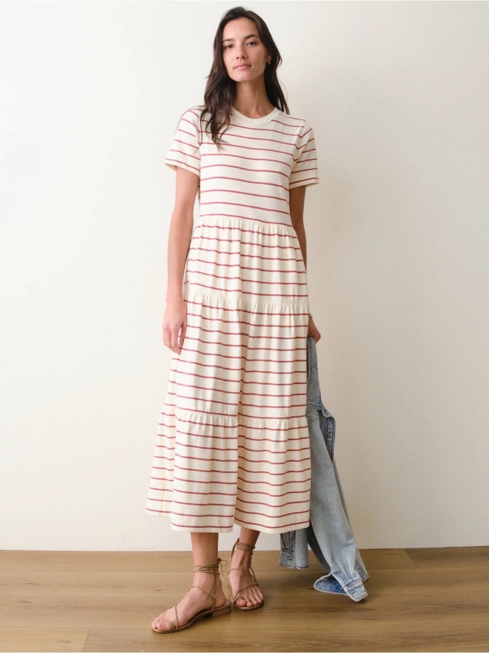 Marine Layer Cream with Red Stripe Tiered Midi Dress - Oversized